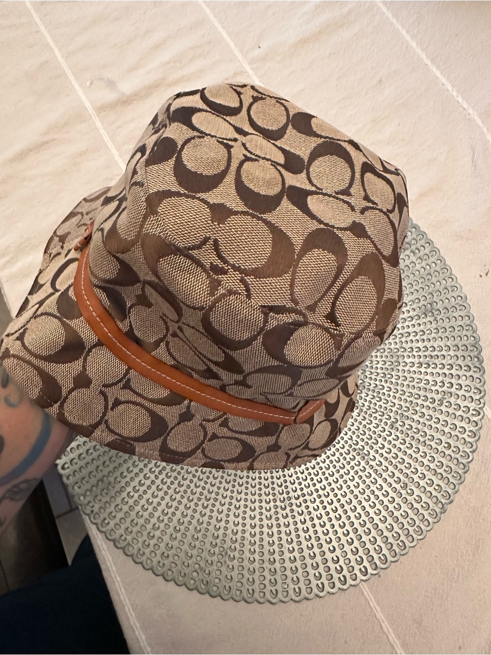 Coach Brown Signature Monogram Bucket Hat with Tan Leather Band